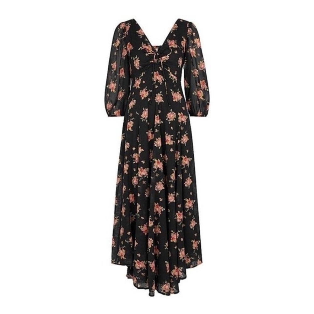 Free People Tiered Floral‎ Maxi Dress Asymmetric Hem Layered Black Cottage Boho - Picture 4 of 13